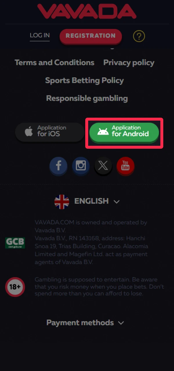 Open the Vavada official website and click on the Application for Android button.