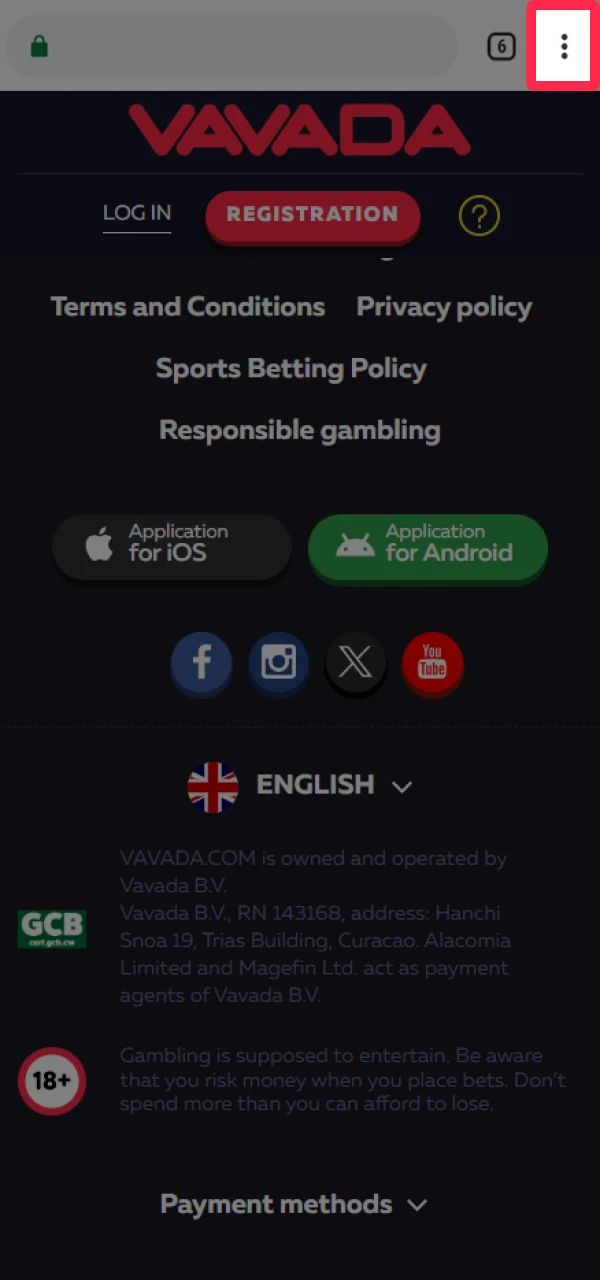 Open the browser menu to add the Vavada shortcut.