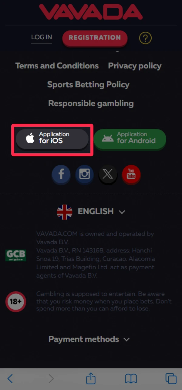 Find the Application for iOS button to add the mobile version of Vavada to your iOS device.