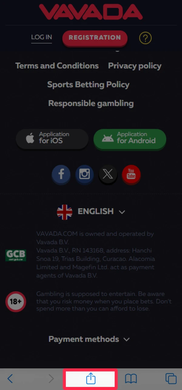 Click Share to open the menu and add the Vavada shortcut.