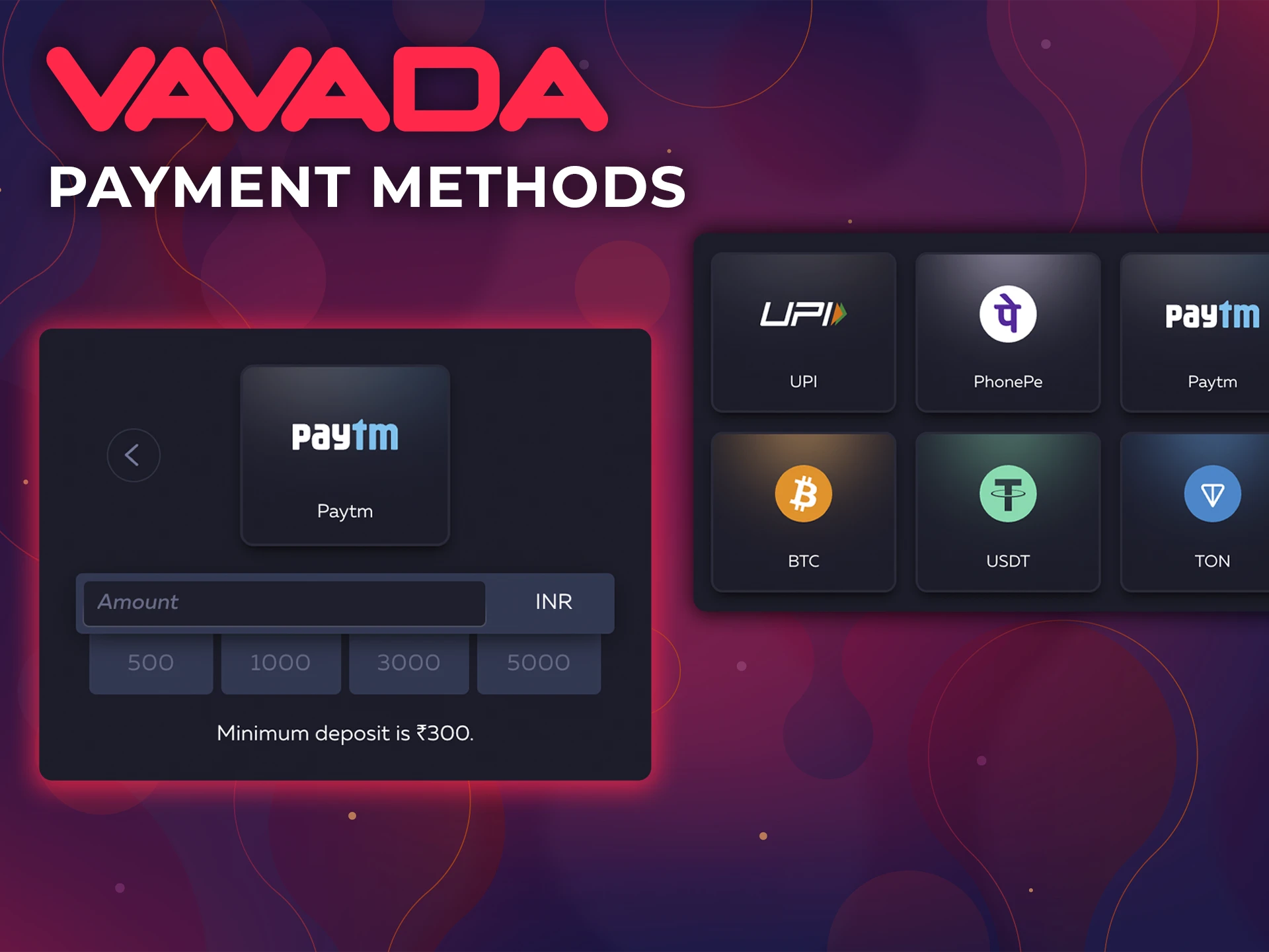The most popular methods of replenishing your account are listed in the Vavada app.