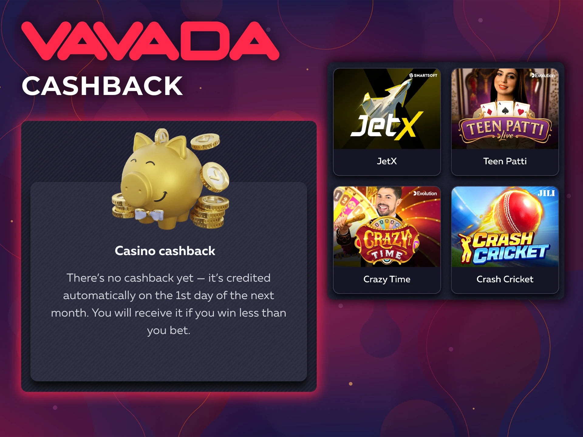 Play and don't be afraid to lose, because Vavada Casino has prepared a cashback for you.