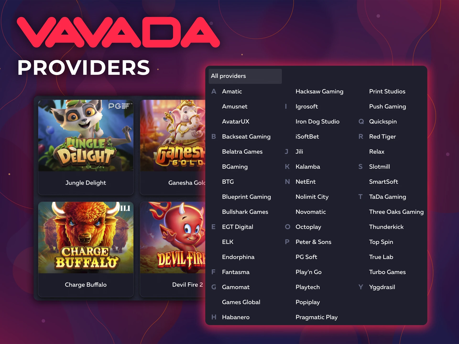 Select a game provider from the list on the Vavada website and try your hand at casino slots.