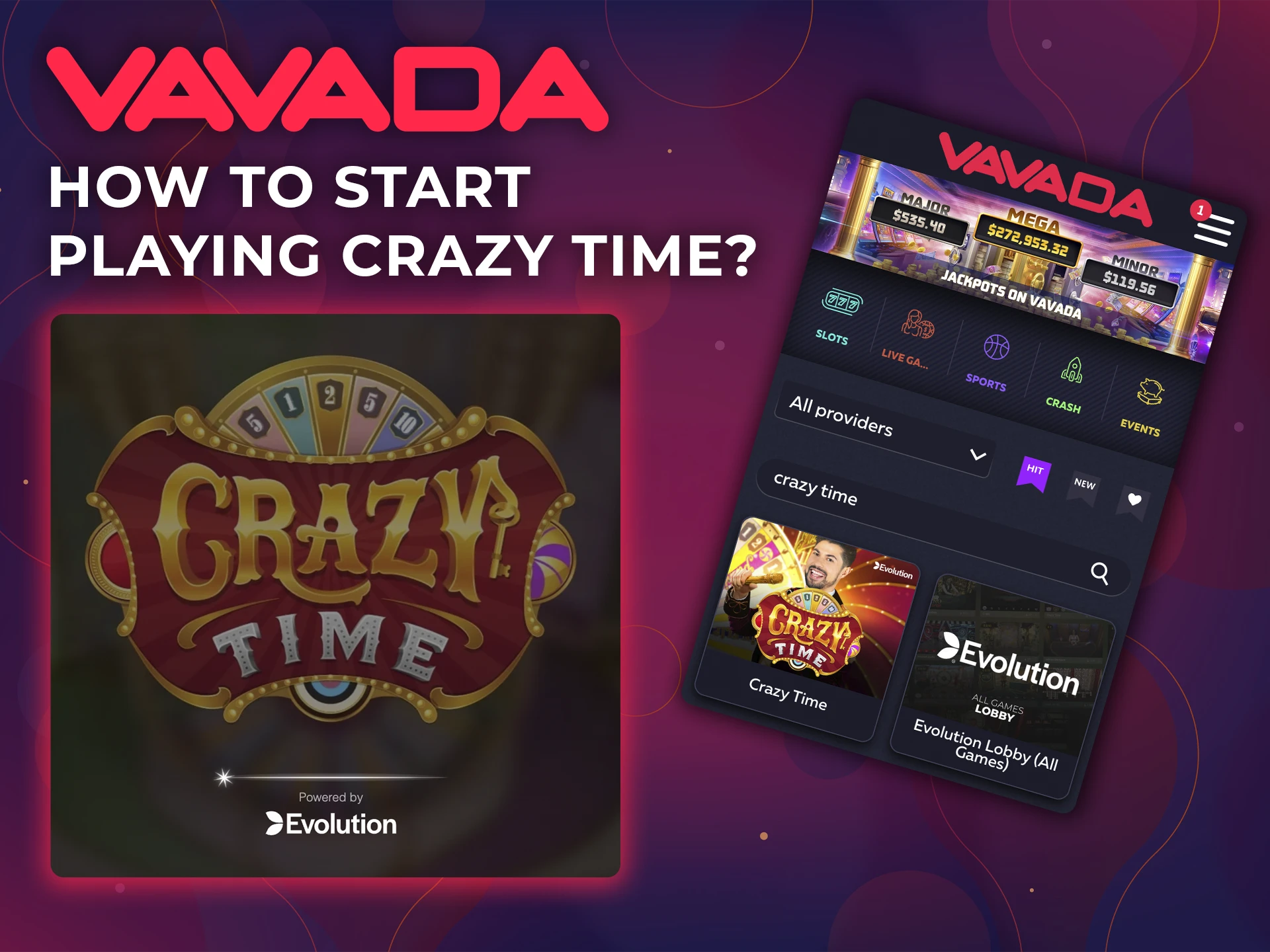 Find the Crazy Time game using the search function on the Vavada casino website.