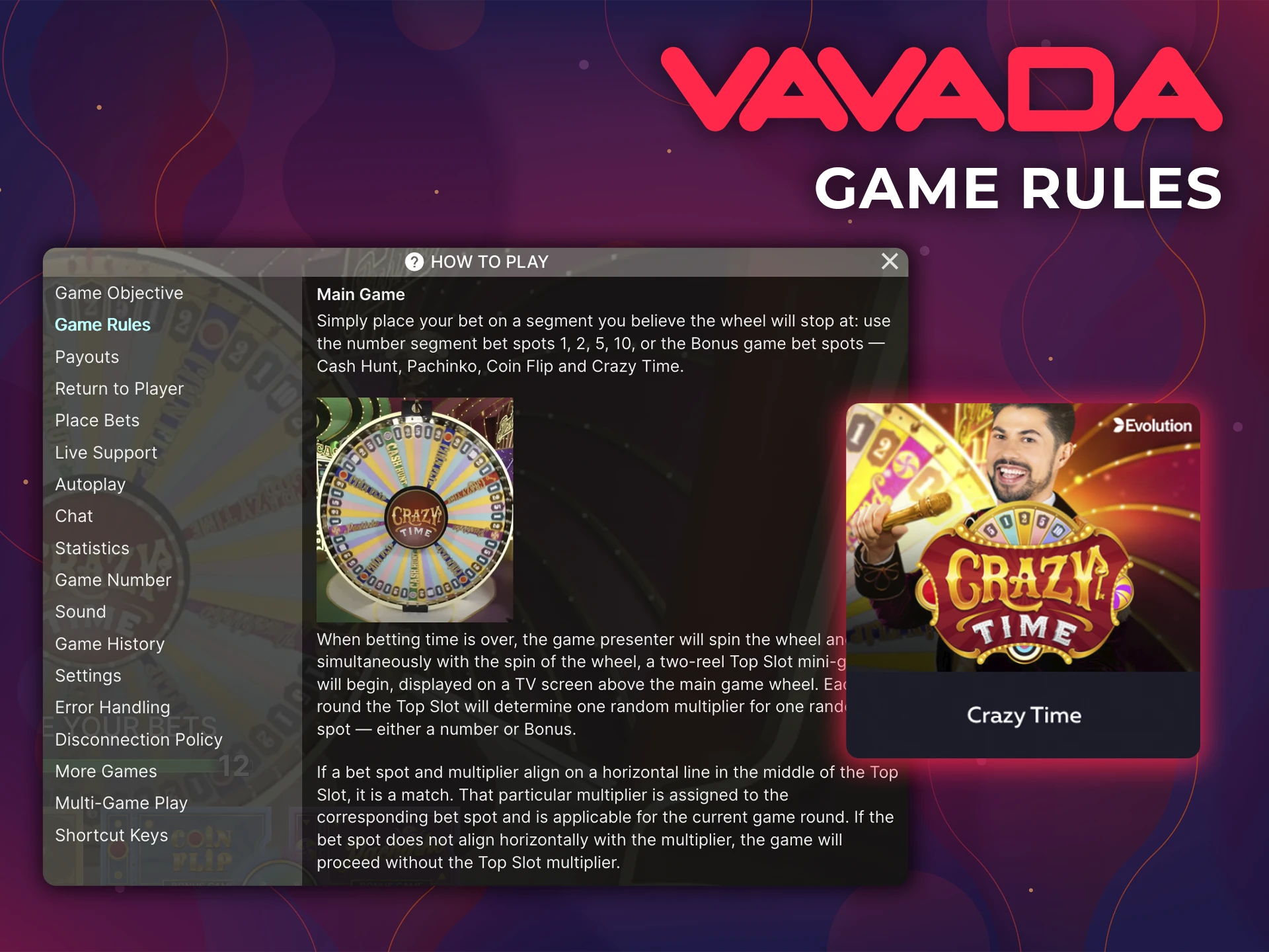 Take some time to familiarise yourself with the rules of Crazy Time on the Vavada platform.