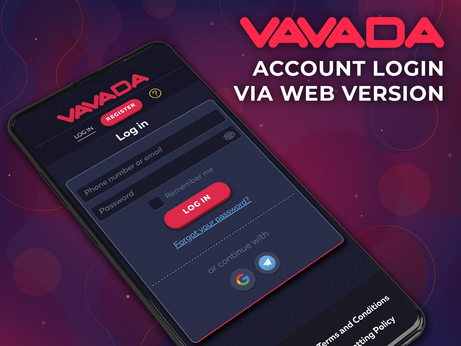 Check out the login form in the Vavada casino app.
