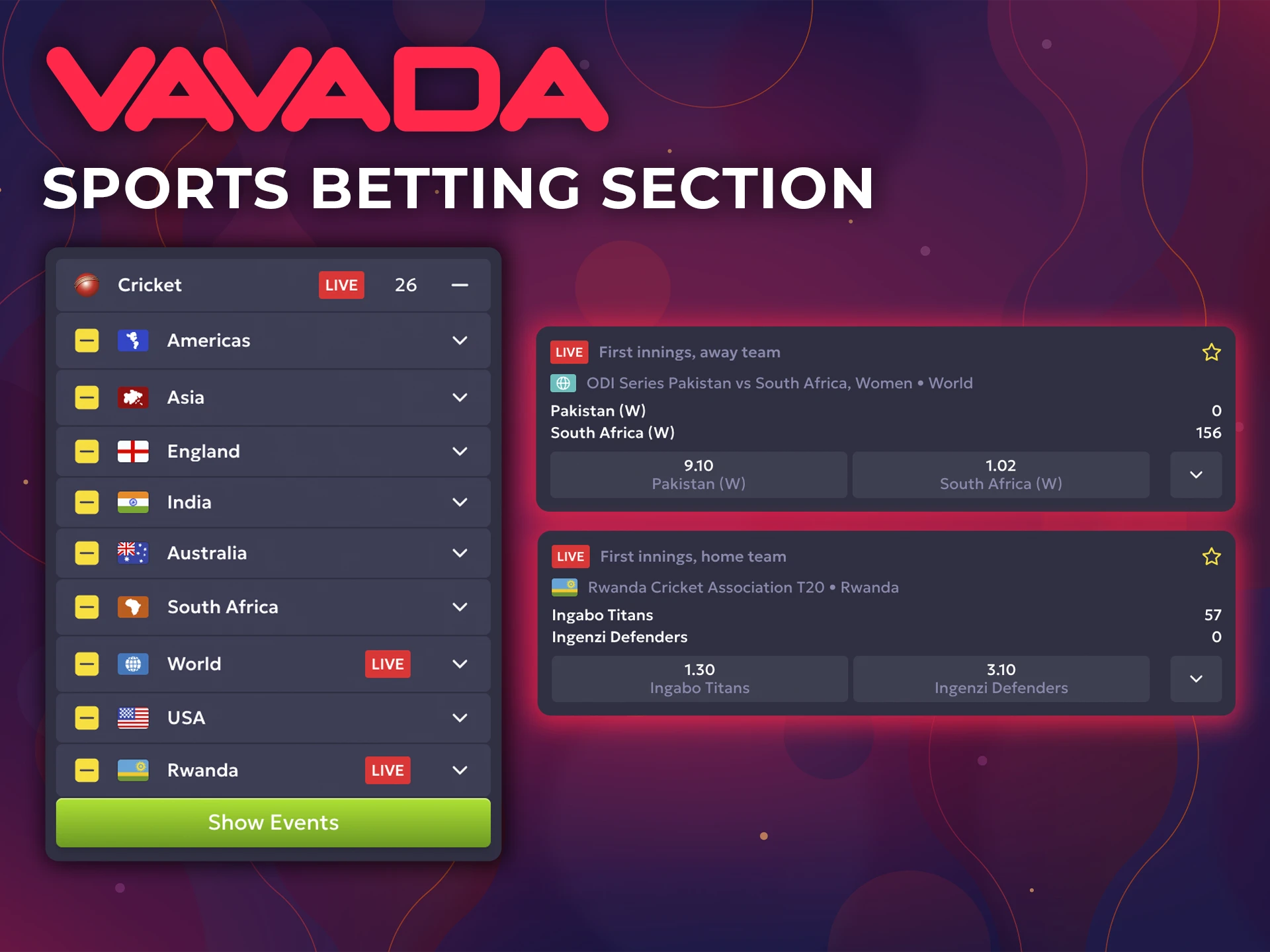 Bet on the best cricket matches on the Vavada bookmaker website.