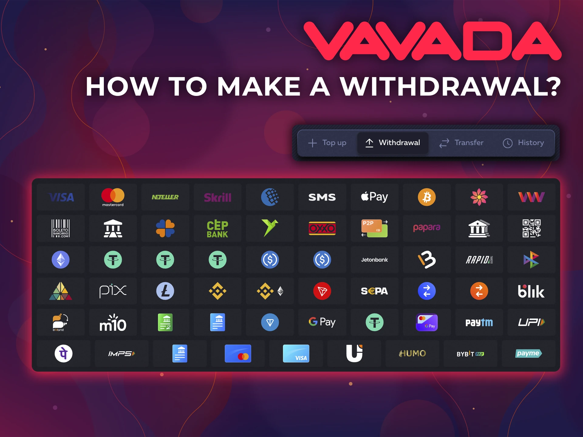 Vavada Casino supports the most common methods for withdrawing funds.