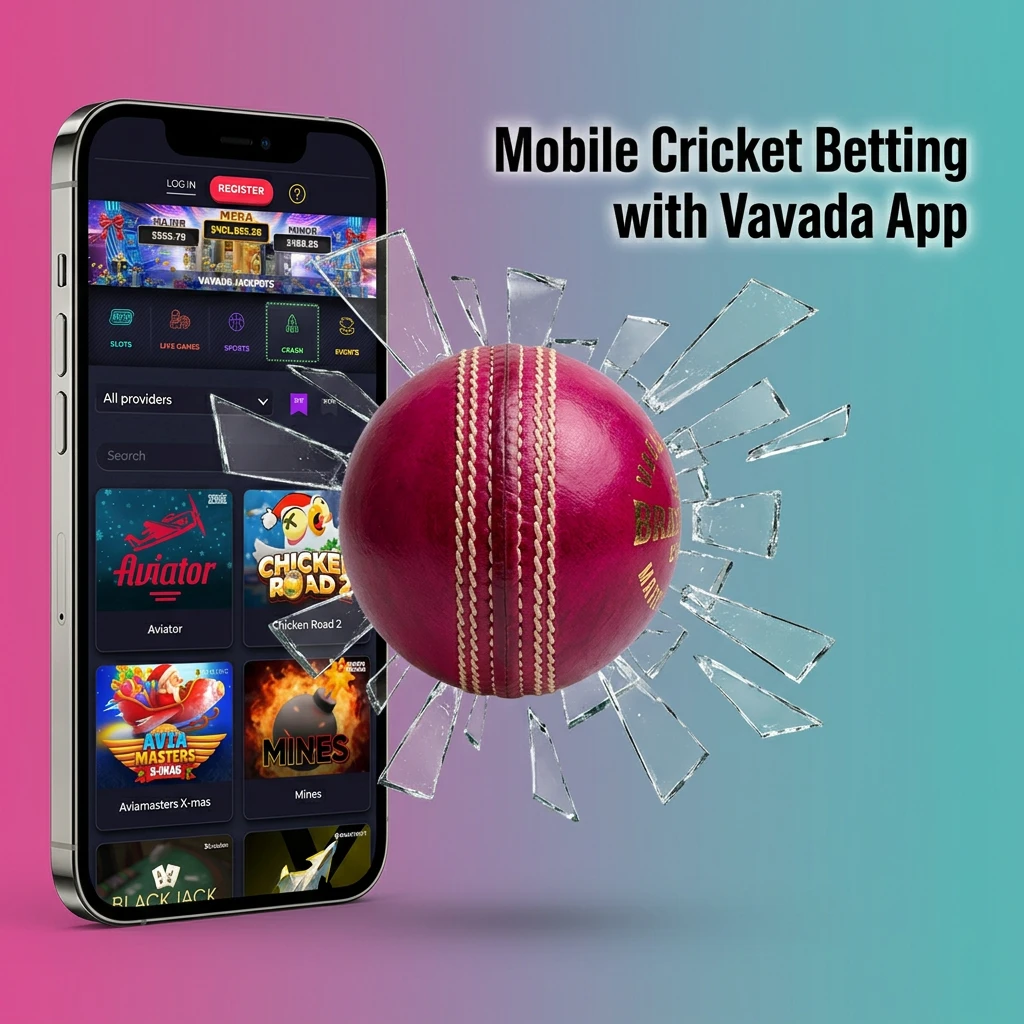 Smartphone displaying the Vavada mobile app interface for online cricket betting, featuring matches and a bet slip.